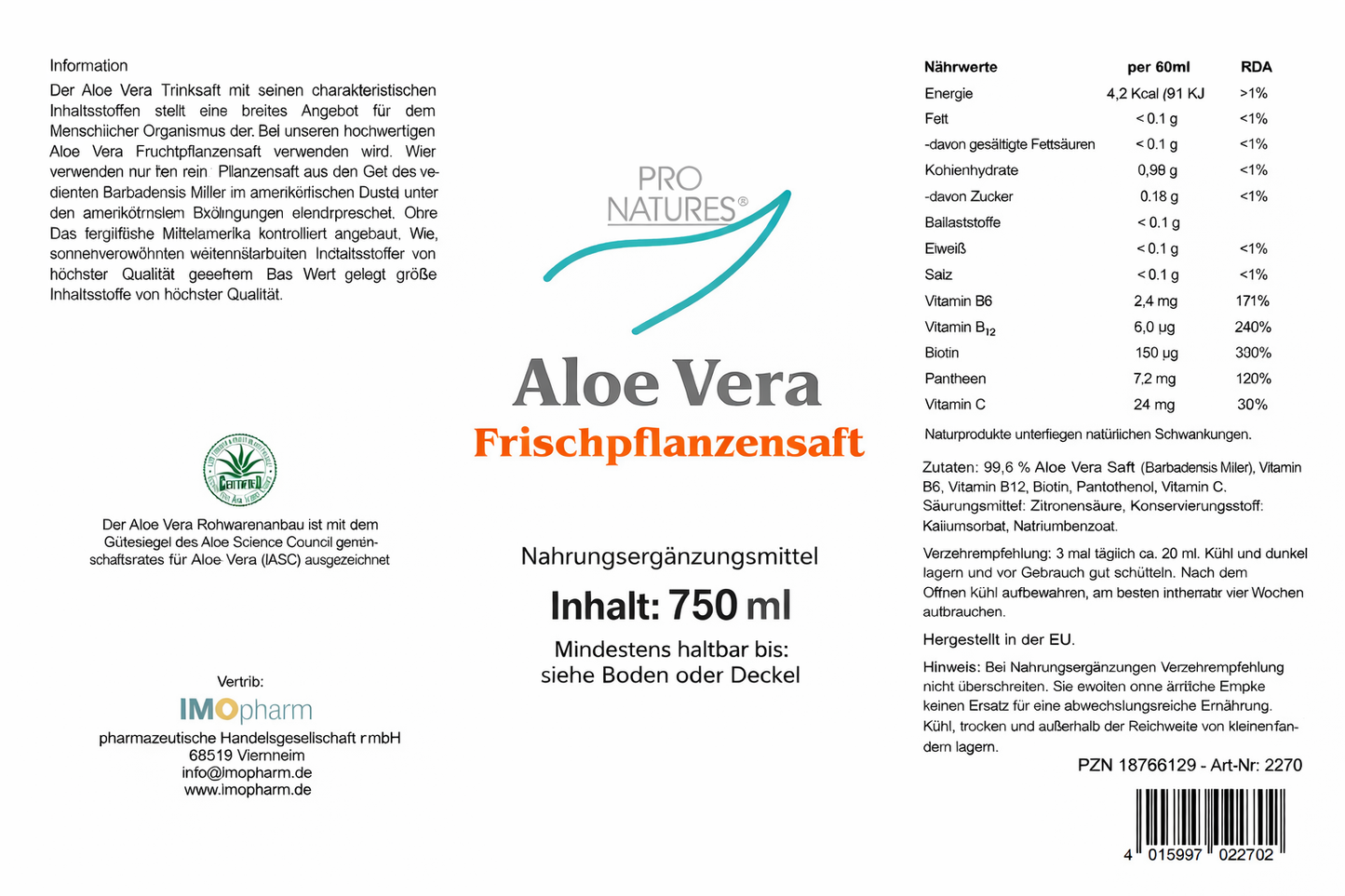 2x Aloe Vera Frischflanzensaft 99,6 % 750 ml